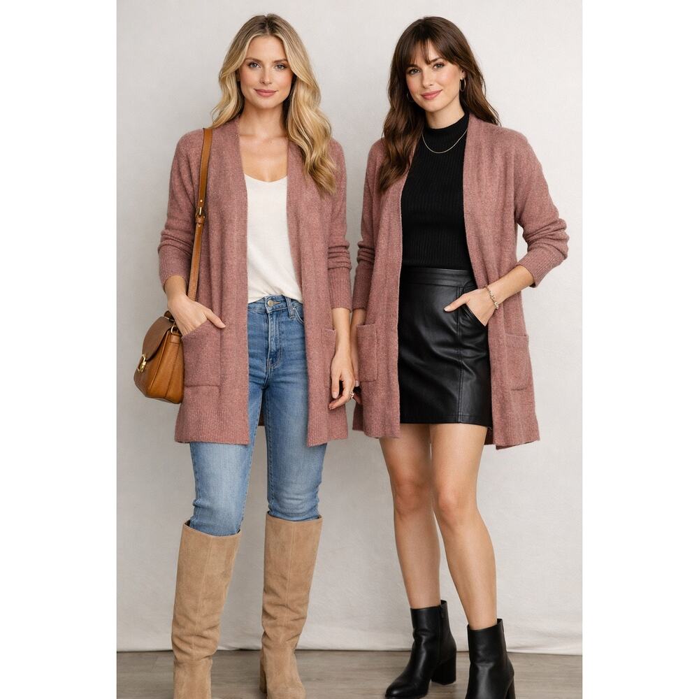 Madewell Dusty Rose Long Cardigan Sweater Open Front Size S Soft Knit Pockets